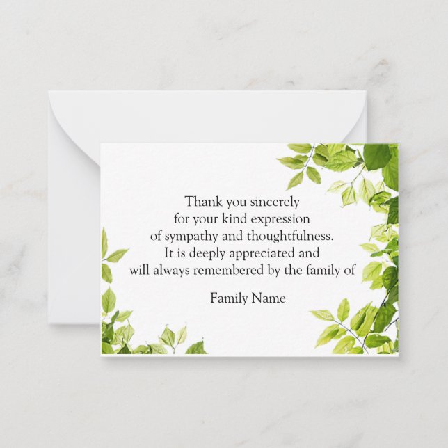 Green Leaf After Funeral Thank You Cards (Front)