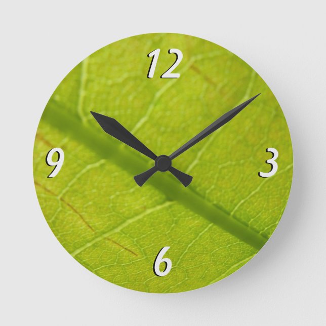 Green Leaf Botanical Nature Photography Round Clock (Front)