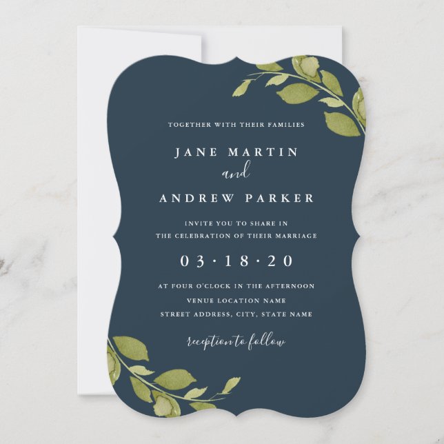 Green Leaf Botanical Navy Wedding Invitation (Front)