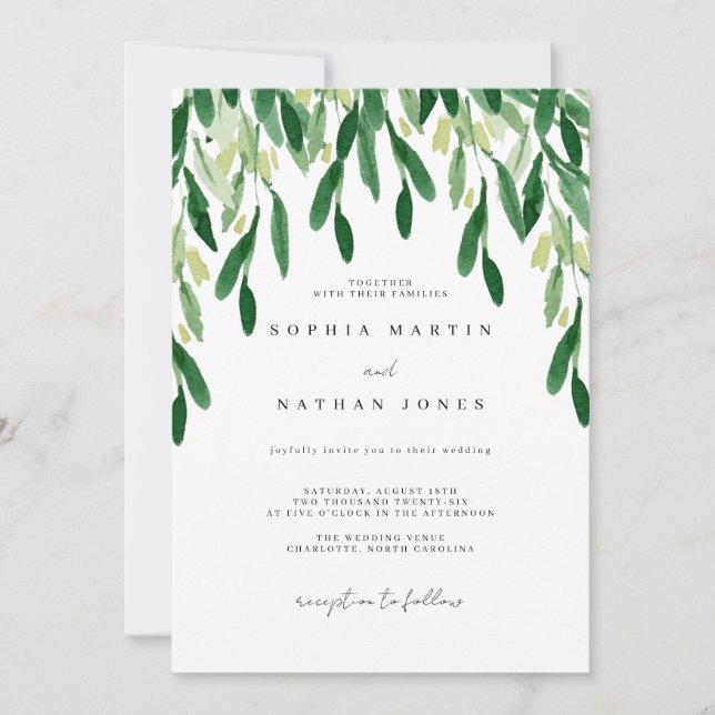 Green Leaf Botanical Watercolor Wedding  Invitation (Front)