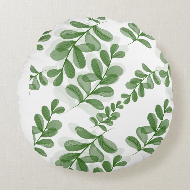 Green Leaf Branch Pattern Art Round Cushion (Front)