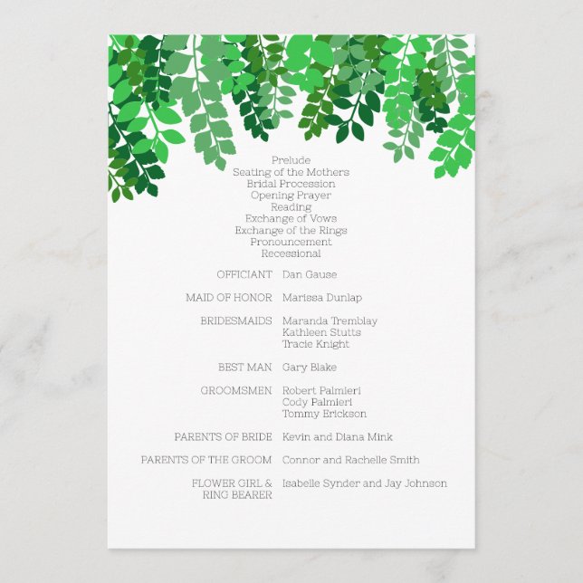 Green Leaf Canopy Wedding Programme (Front)