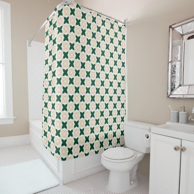 Green leaf chequered pattern yellow flower shower curtain (In Situ)
