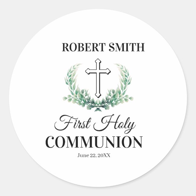Green leaf first communion  classic round sticker (Front)