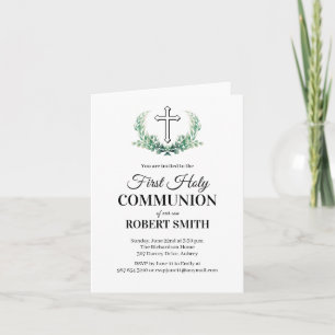 Green leaf first communion invitation