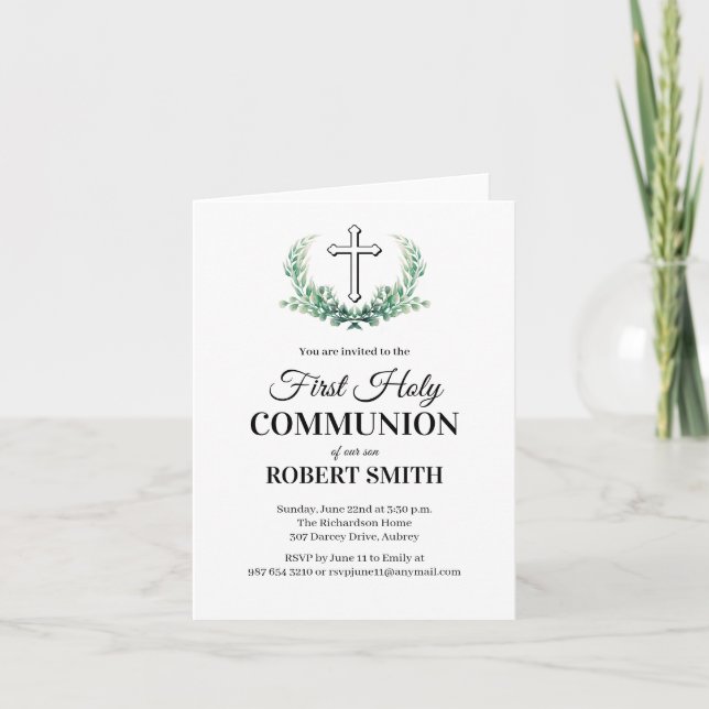 Green leaf first communion  invitation (Front)