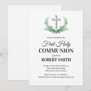 Green leaf first communion invitation