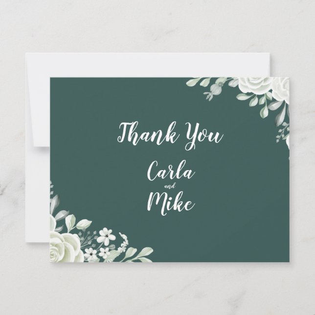 Green Leaf Floral Flat Wedding Thank You Card (Front)