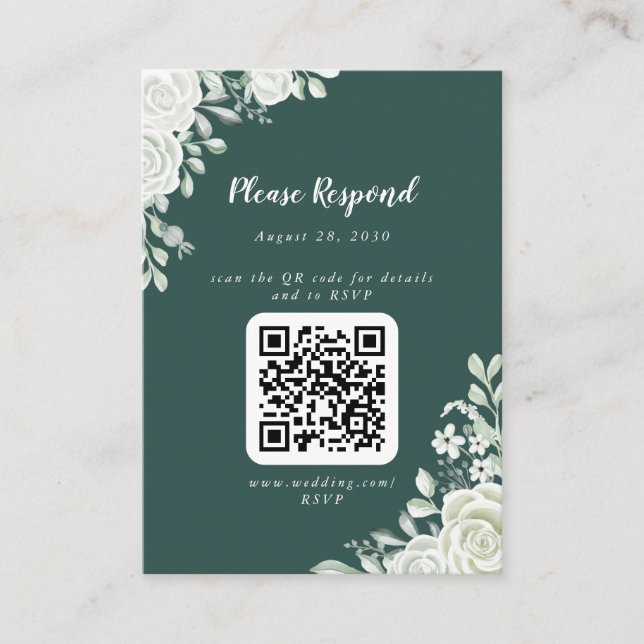 Green Leaf Floral QR Code RSVP Enclosure Card (Front)