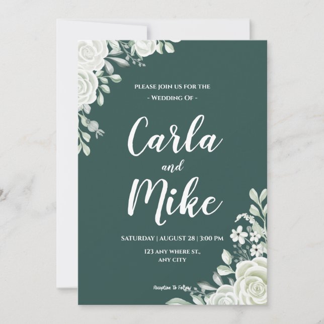 Green Leaf Floral QR Codes Wedding Invitations (Front)