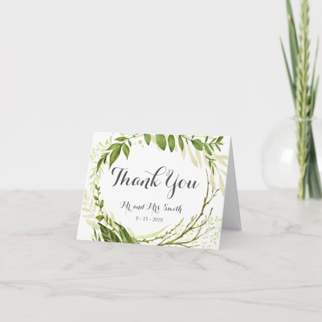 Green Leaf Folded Thank You Cards, Rustic Greenery Note Card (Front)