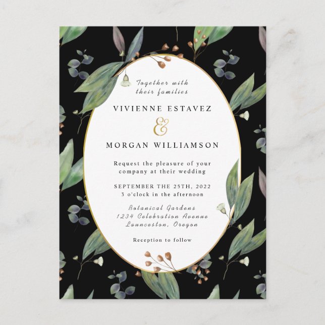 Green leaf foliage black gold wedding invitation postcard (Front)