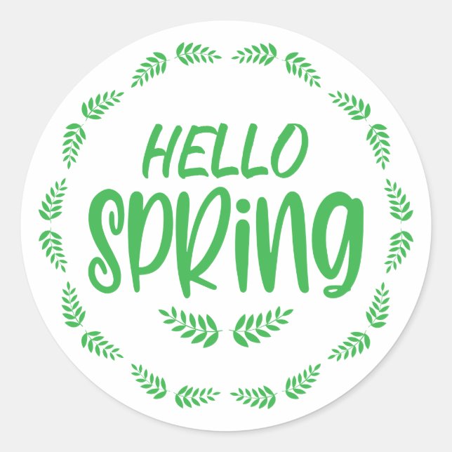 Green Leaf Hello Spring Classic Round Sticker (Front)