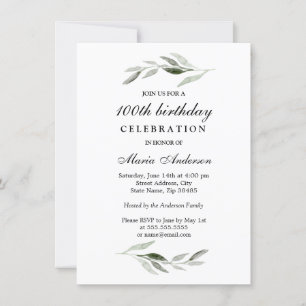 Green Leaf Mens or Womans 100th Birthday Party Invitation