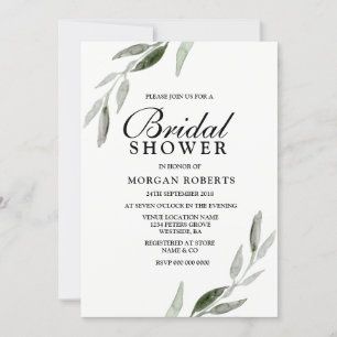 Green Leaf Modern Watercolor Bridal Shower Invite