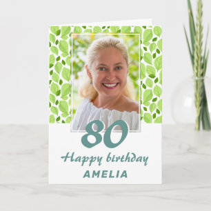 Green Leaf Pattern Botanical 80th Birthday Photo Card