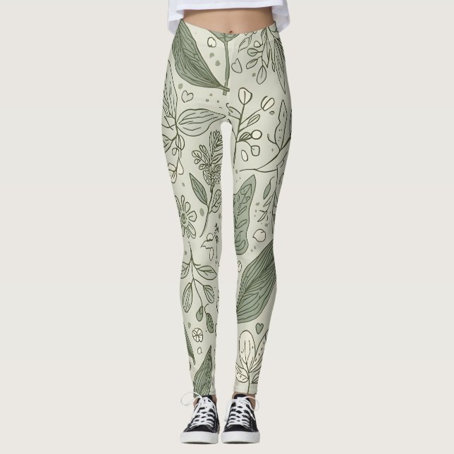 Green Leaf Pattern Leggings | Nature yoga (Front)