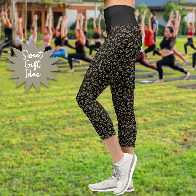 Green Leaf Pattern On Black Background Workout Capri Leggings (Enjoy the comfort of your capri leggings featuring this leaf pattern on black design. Gift it!)