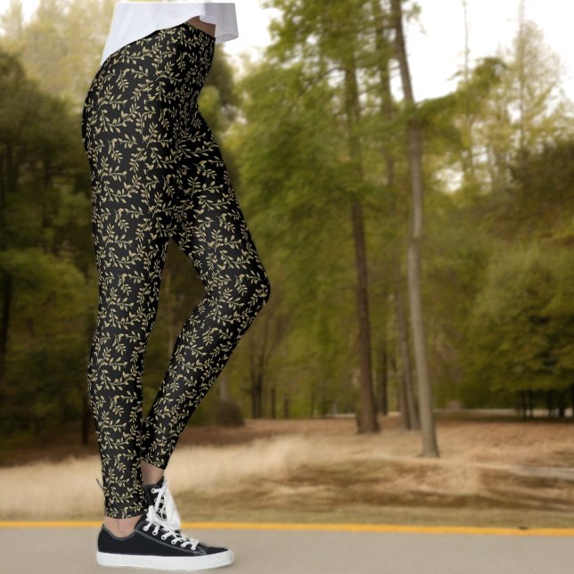 Green Leaf Pattern On Black Leggings (fern pattern on black leggings)