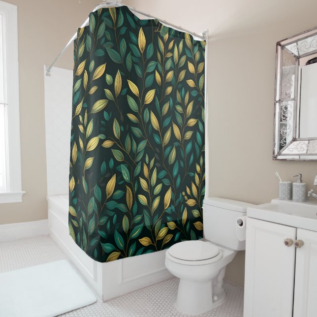 Green Leaf Pattern Shower Curtain (In Situ)