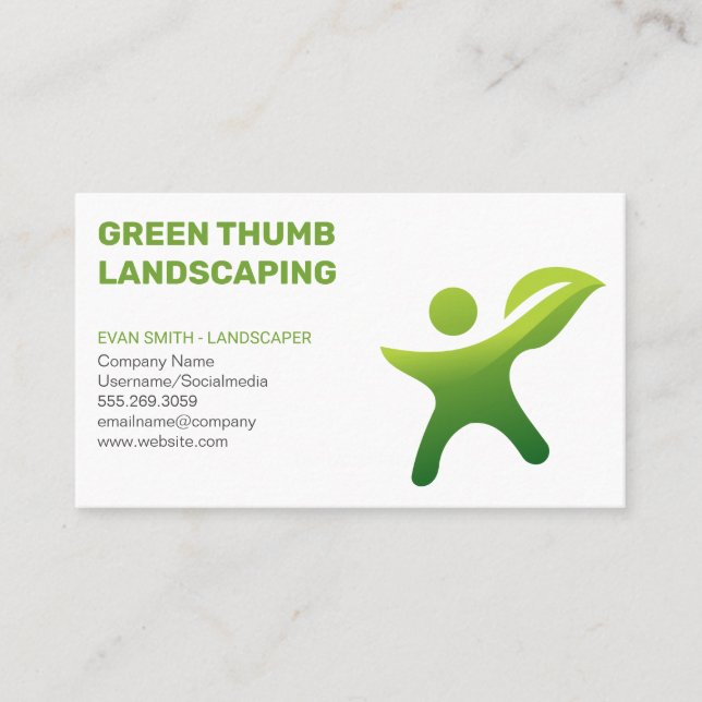 Green Leaf Person Logo | Gardening Business Card (Front)