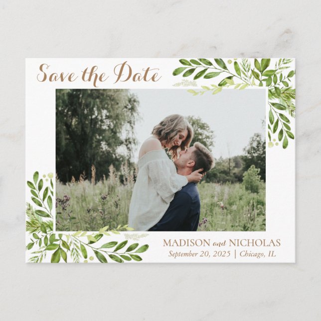 Green Leaf Photo Wedding Save The Date Postcard (Front)