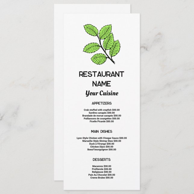 Green Leaf, Restaurant Slimline Menu (Front/Back)