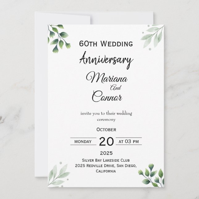 Green Leaf' Standard 60th Wedding Anniversary  Invitation (Front)