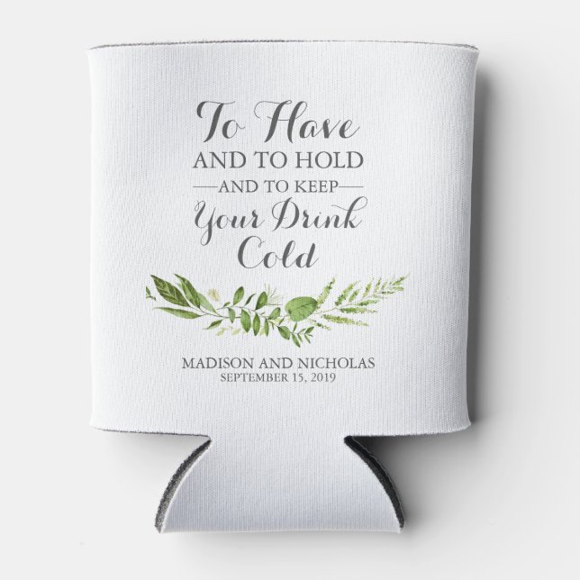 Green Leaf Wedding Can Coolers, Rustic Greenery Can Cooler (Front)