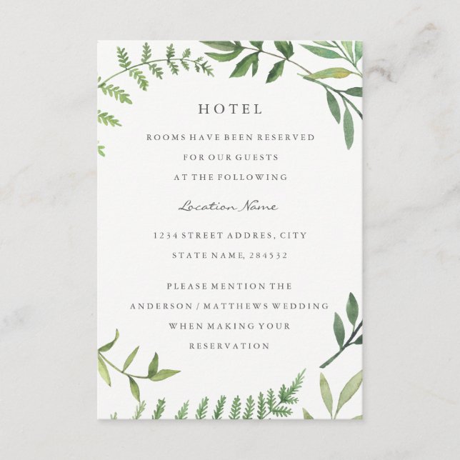 Green Leaf Wedding Hotel Accommodation Enclosure Card (Front)
