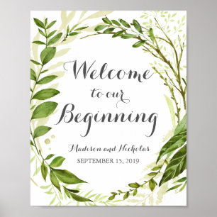 Green Leaf Welcome to Our Beginning Sign, Rustic Poster