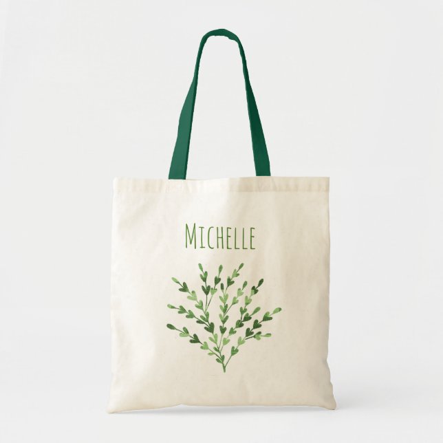 Green Leaf with Name Tote Bag (Front)