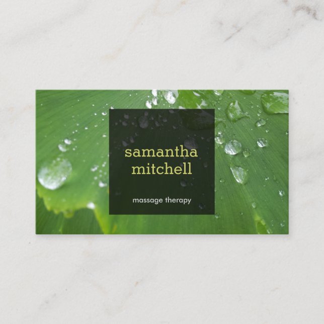 Green Leaf with Raindrops Massage Business Card (Front)