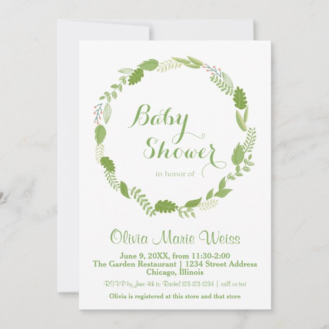 Green Leaf Wreath - Baby Shower Invitation (Front)