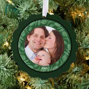 GREEN Leaf Wreath Family Photo Custom Tree Decoration Card