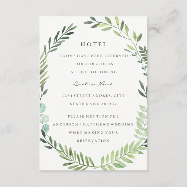 Green Leaf Wreath Wedding Hotel Accommodation Enclosure Card (Front)