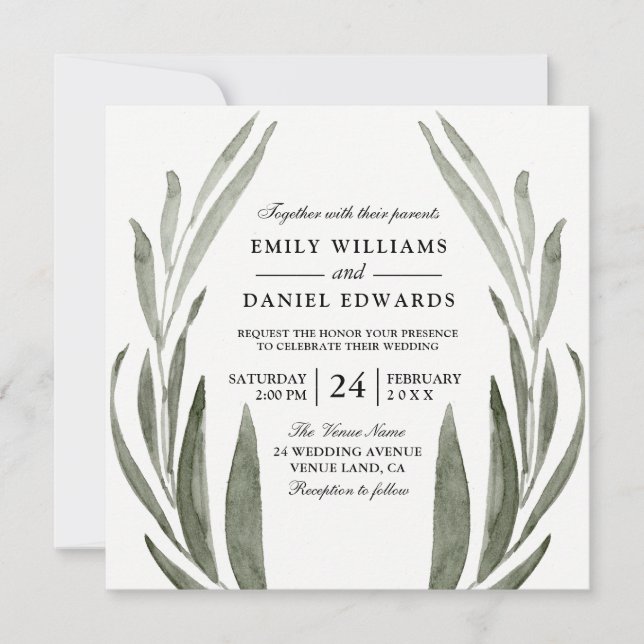 Green Leaf Wreath Wedding Invitation (Front)