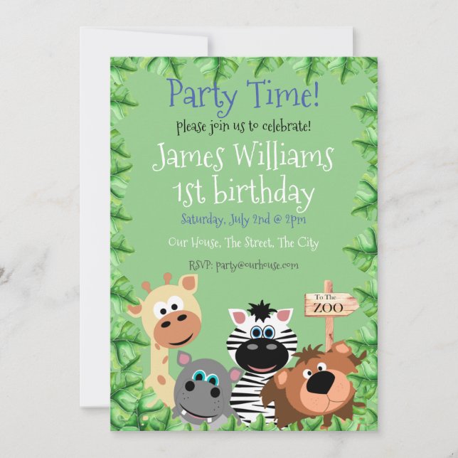 Green Leaf Zoo Animal Birthday Invitation Editable (Front)