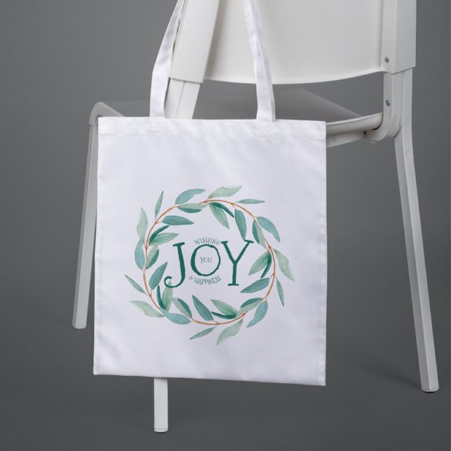 Green Leafs Christmas Wreath Text Joy Template Tote Bag (Creator Uploaded)