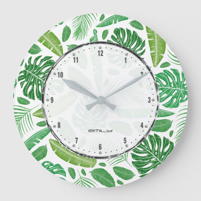 Green leafs seamless pattern large clock (Front)