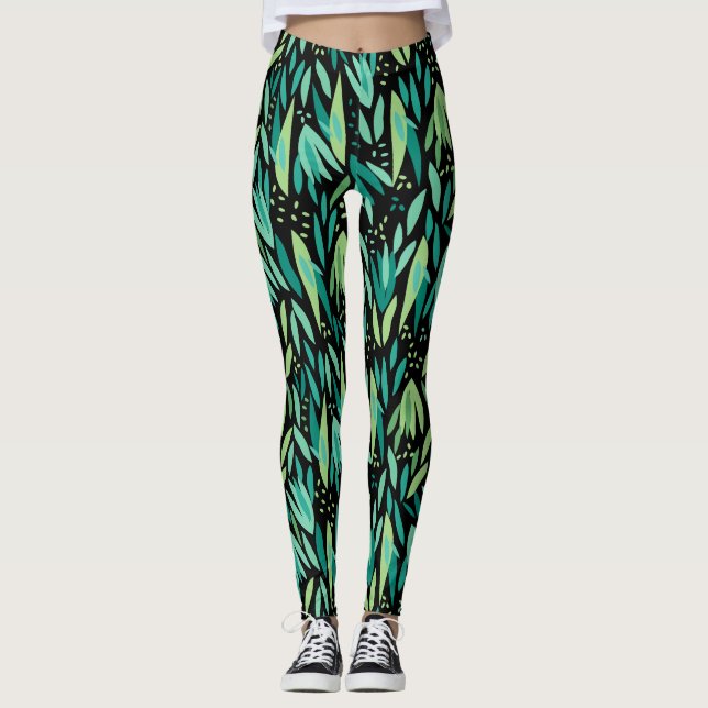 Green Leafs Seamless Pattern Leggings (Front)