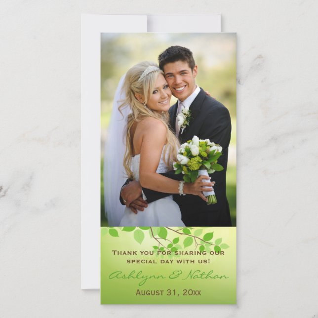 Green Leafy Branches Wedding Photo Card (Front)