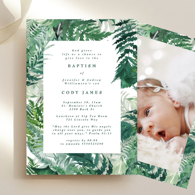 Green Leafy Elegant Botanical Baptism Photo Invitation (Creator Uploaded)