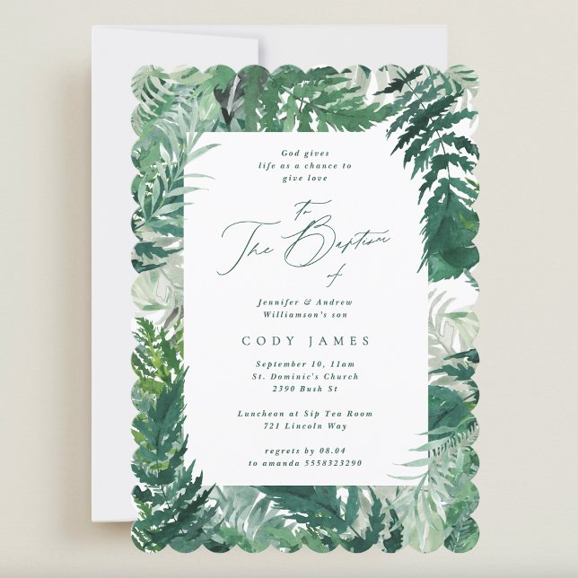 Green Leafy Elegant Botanical Frame Baptism Invitation (Creator Uploaded)