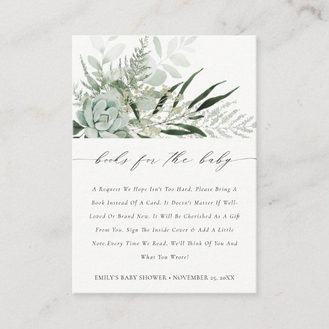 Green Leafy Fern Succulent Books For Baby Shower Enclosure Card (Front)