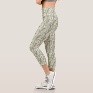 Green Leafy Garden Floral Pattern Capri Leggings