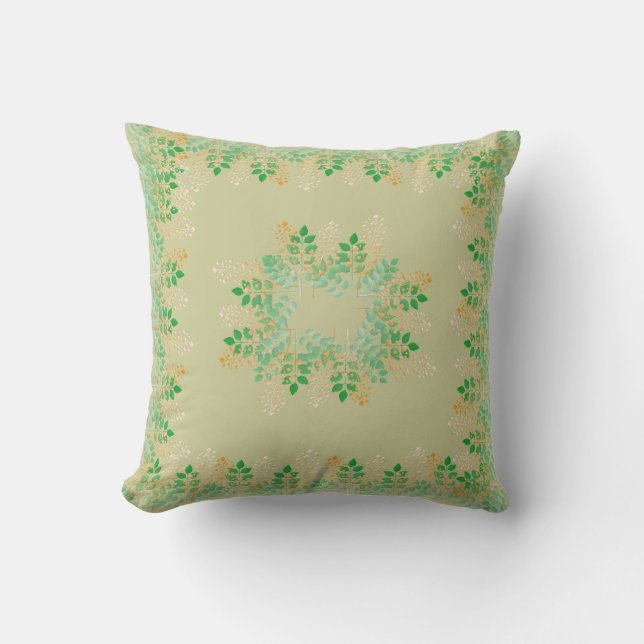 Green Leafy Gold Floral Cushion (Front)