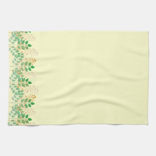 Green Leafy Gold Floral Tea Towel (Horizontal)