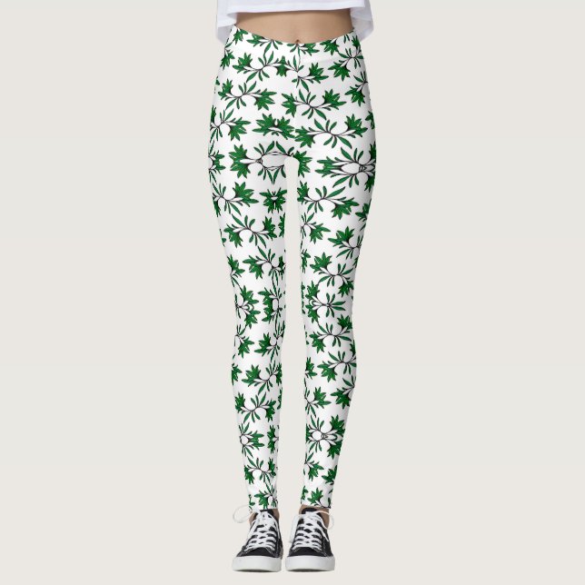 Green leafy pattern on white leggings (Front)