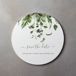 Green leafy Save the date wedding envelope seal<br><div class="desc">Green leaves Save the date wedding envelope seal. Pretty green Change the date sticker to finish off your invitations and send out to your guests. This modern Save the date sticker features your names and wedding date with pretty green leaves botanical border and "Save the Date" written in a matching...</div>